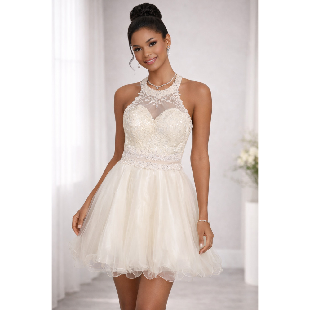 Elegant Lace Embellised Formal Cocktail Dinner Party Mini Dress Cream Size M